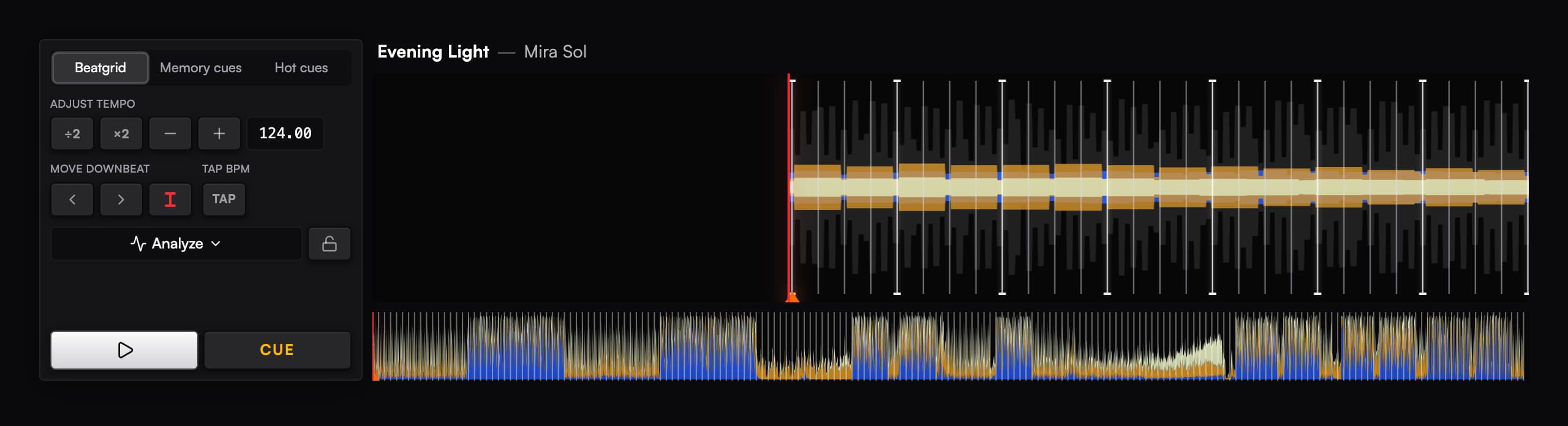 Expanded Track Prep editor with a track waveform and beatgrid controls