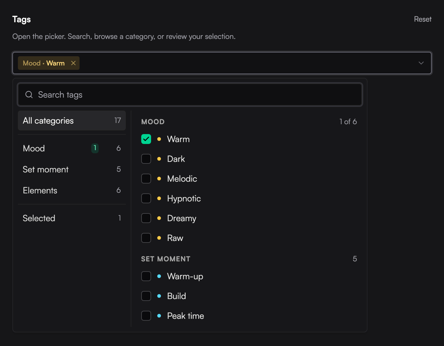 Ora DJ tag picker showing example Mood, Set moment, and Elements categories, with Mood · Warm selected