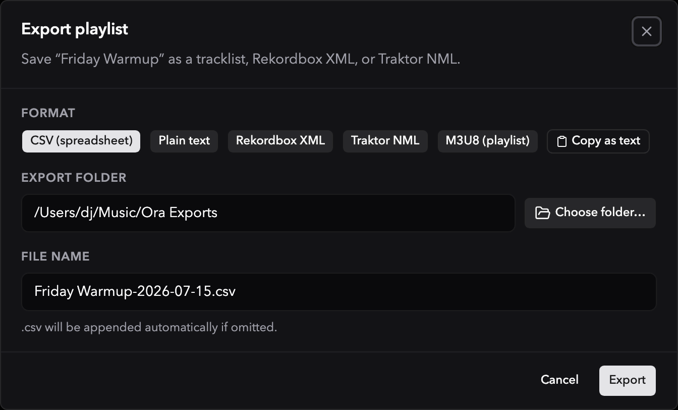 Ora DJ playlist export dialog with CSV, plain text, Rekordbox XML, Traktor NML, and M3U8 format options