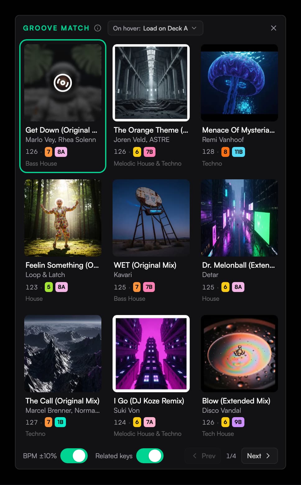 The Groove Match suggestion grid: a 3x3 page of tracks from your library with BPM and related key filters
