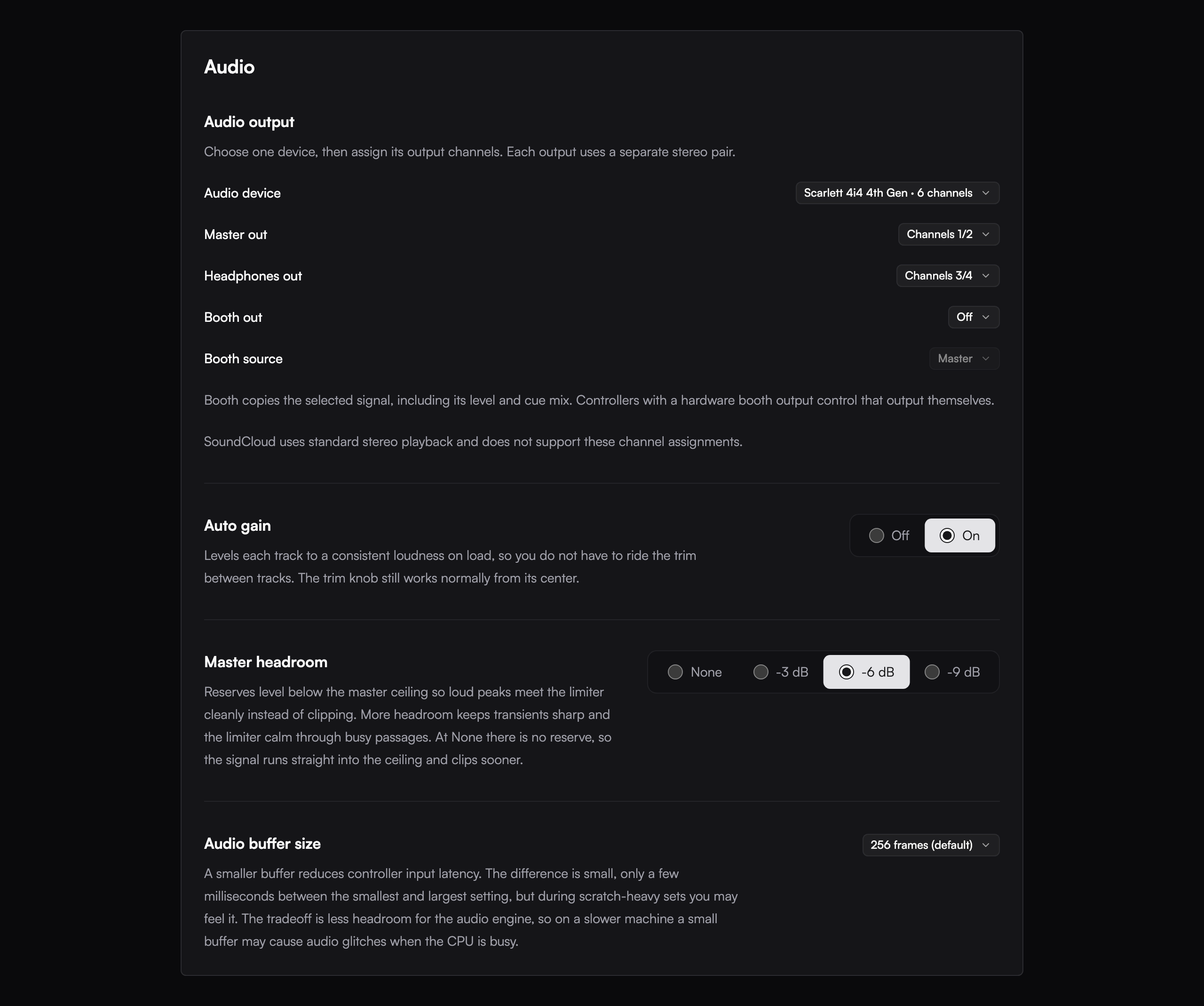 Audio settings with separate master, headphones and booth output assignments