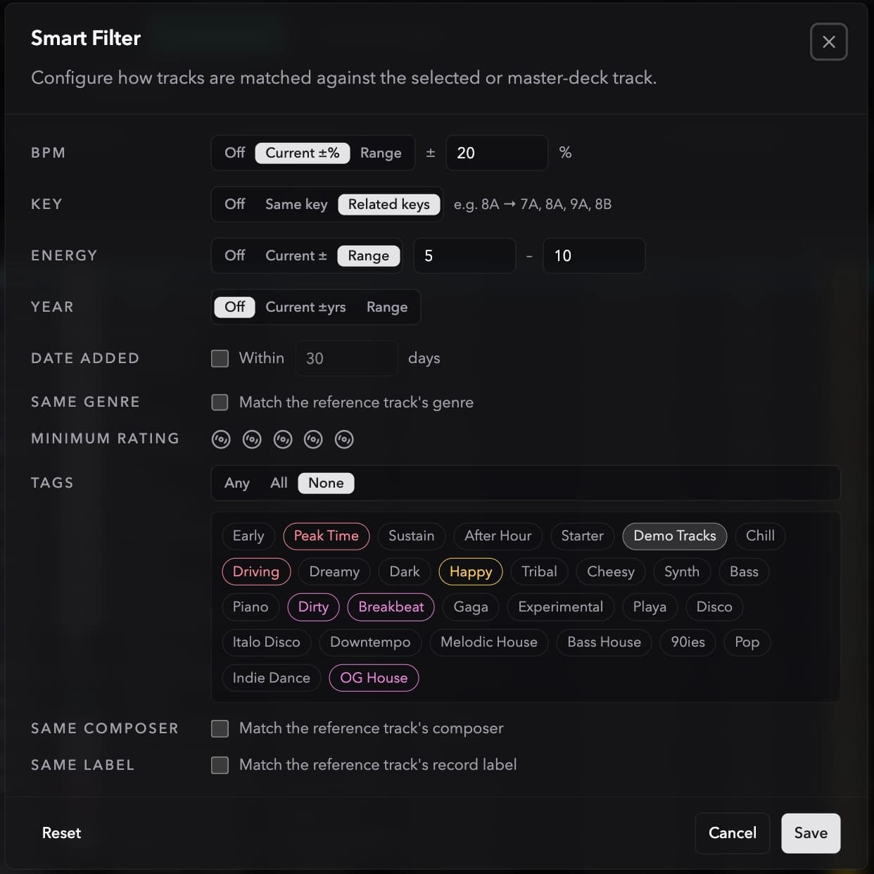 Ora DJ Smart Filter panel, matching the library against a reference track by BPM, key, energy, tags, and more