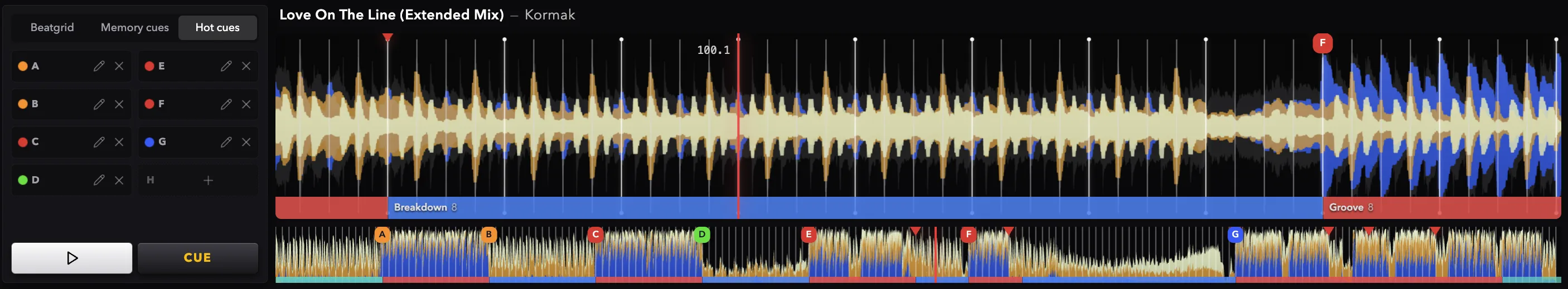 The Ora DJ Track Prep Hot cues tab: eight hot-cue slots labeled A to H in the control card, beside the zoomed waveform with lettered hot-cue badges and a full-track overview