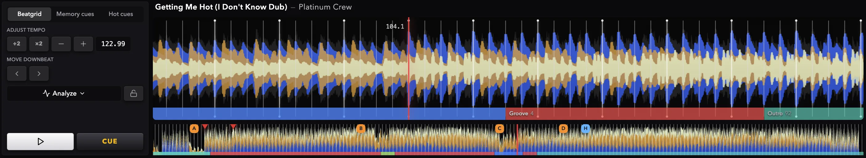 The Ora DJ Track Prep view with the Beatgrid tab active: tempo and downbeat controls in the control card, beside a zoomed waveform with beat markers and a full-track overview