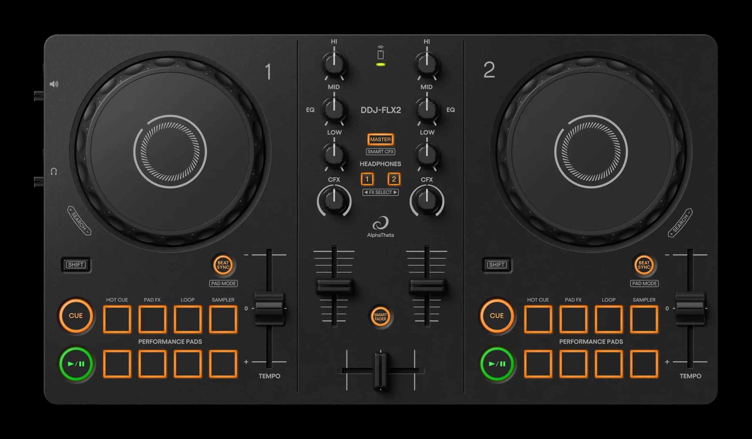 AlphaTheta DDJ-FLX2 compact DJ controller, top-down view