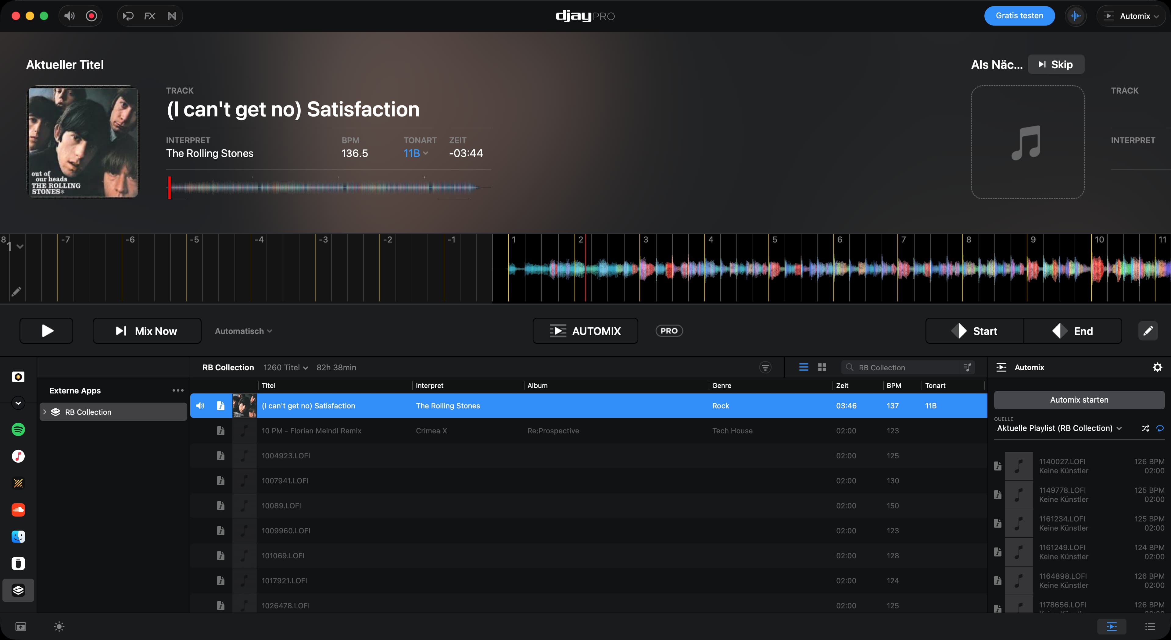 djay Pro Automix view with the current track, waveform timeline, Rekordbox collection, and streaming service shortcuts