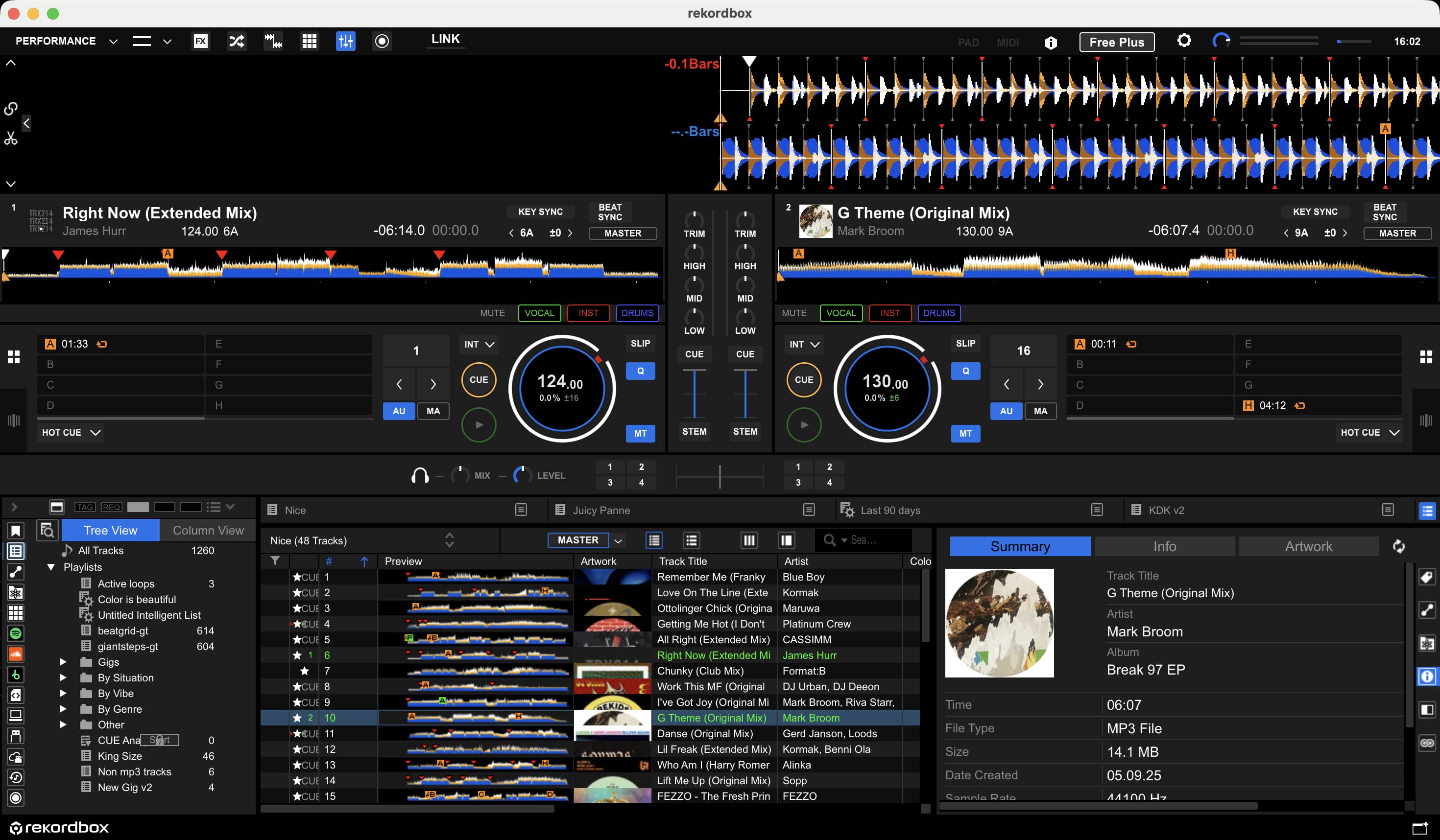 Rekordbox performance view with two decks, stacked waveforms, playlists, and track information