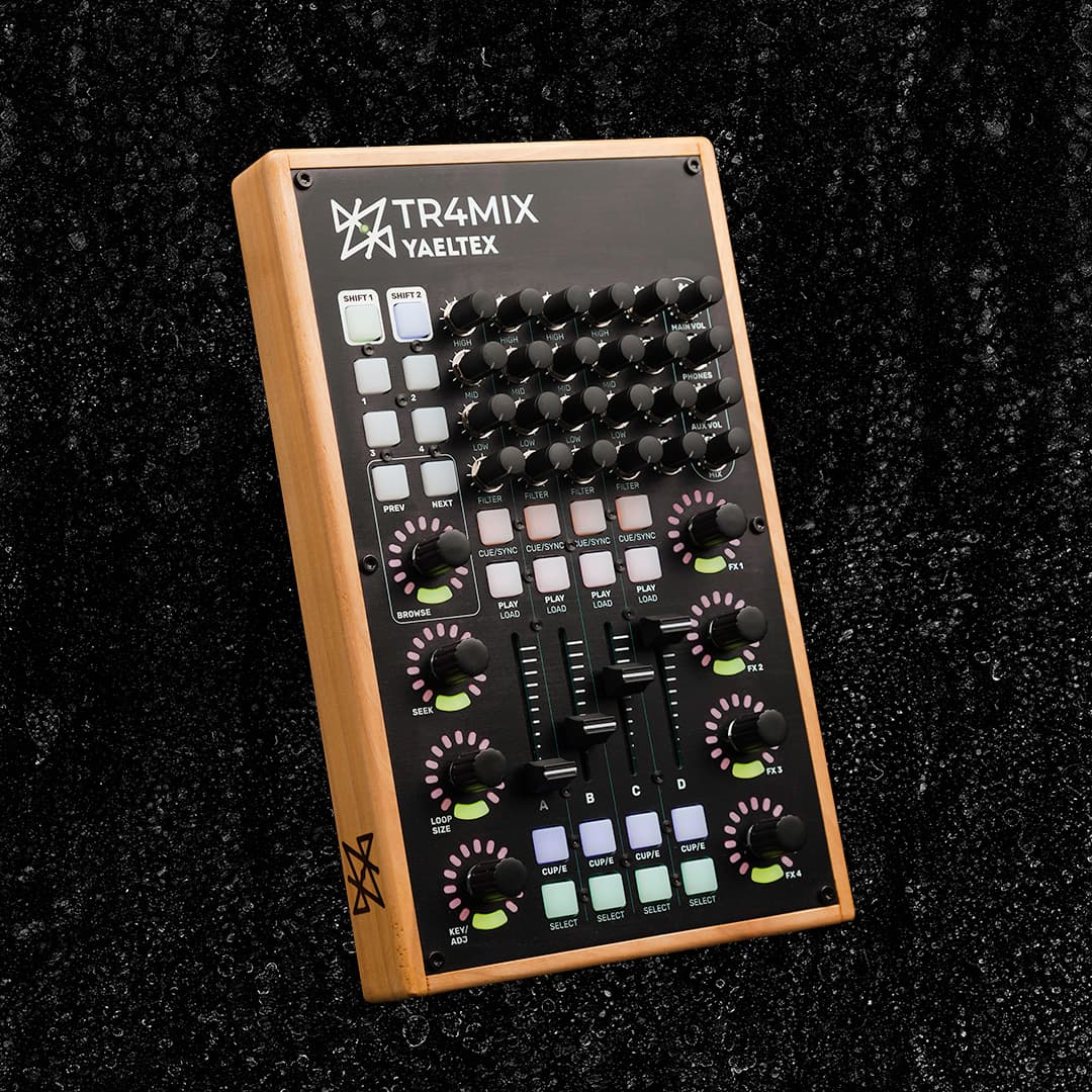 Yaeltex Tr4mix custom MIDI controller in a wooden frame