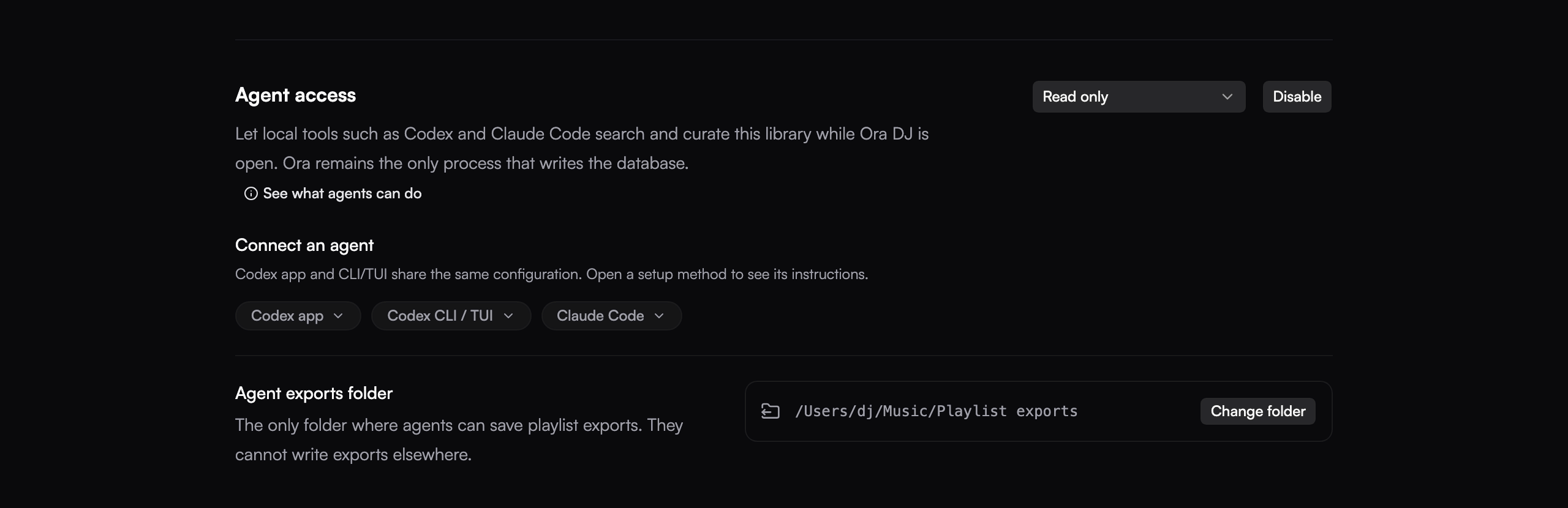 Agent access settings with Read only selected and setup choices for Codex and Claude Code