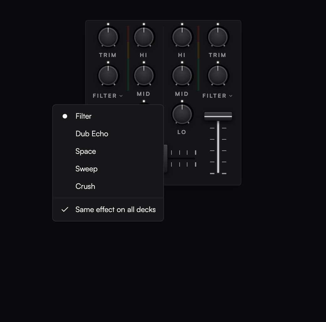 Channel FX menu with Filter, Dub Echo, Space, Sweep and Crush