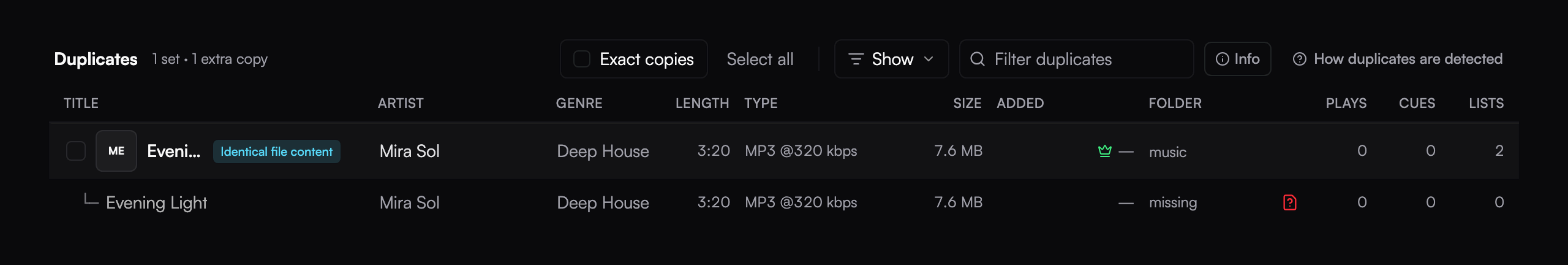 Duplicate comparison with a missing-file indicator on one copy