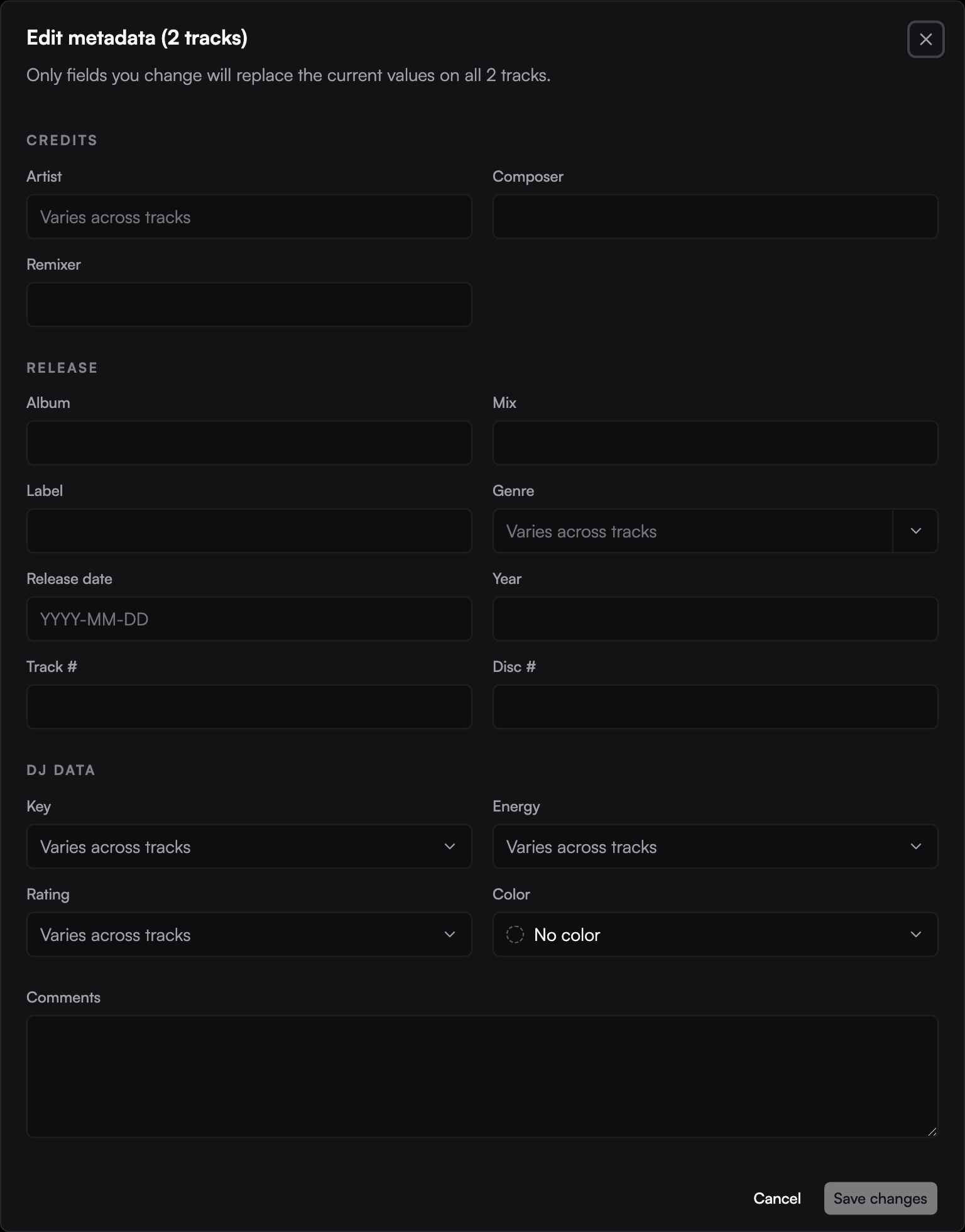 Bulk metadata editor with mixed values for the selected tracks