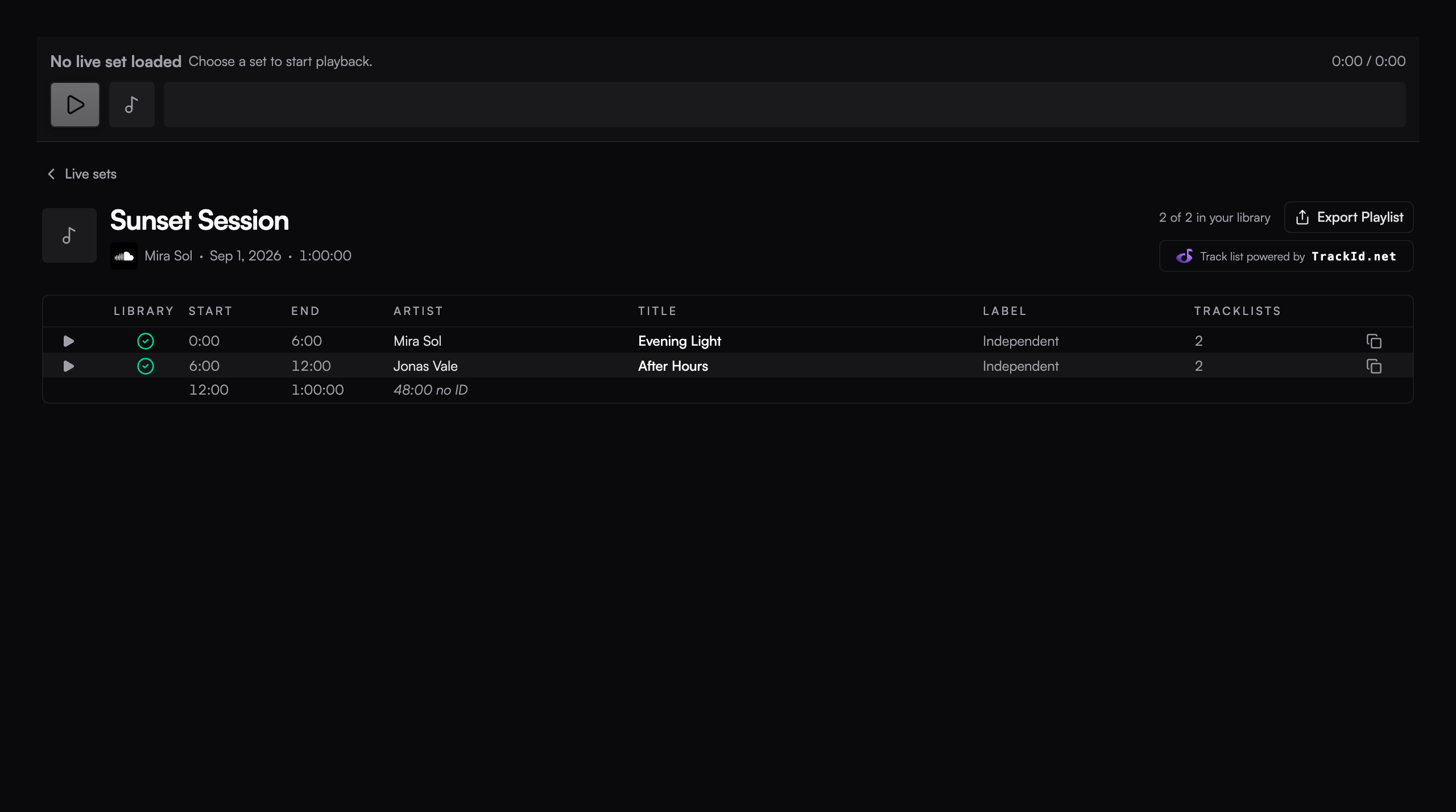 TrackID set detail with timestamps, matches in the local library and store search links; example data