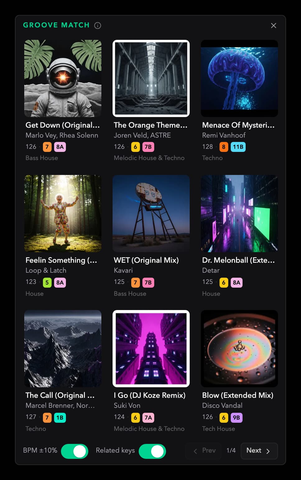 The Groove Match suggestion grid: a 3x3 page of tracks from your library with BPM and related key filters
