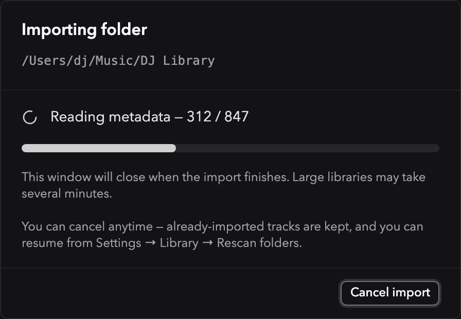 Ora DJ import progress modal reading metadata from a folder of tracks