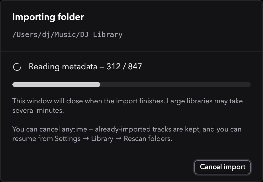 Ora DJ import progress modal reading metadata from a folder of tracks