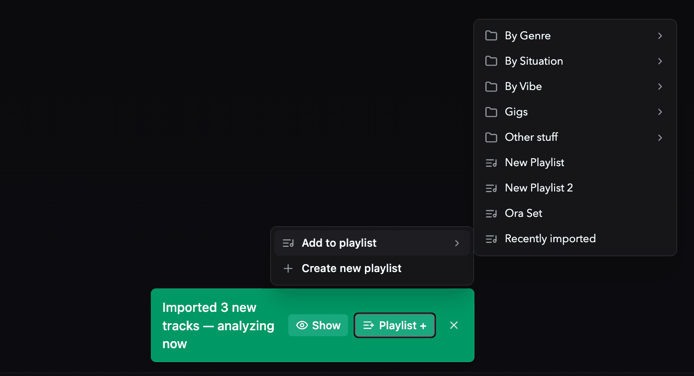 Auto-import notification with Playlist+ dropdown open, showing folders and playlists to add tracks to
