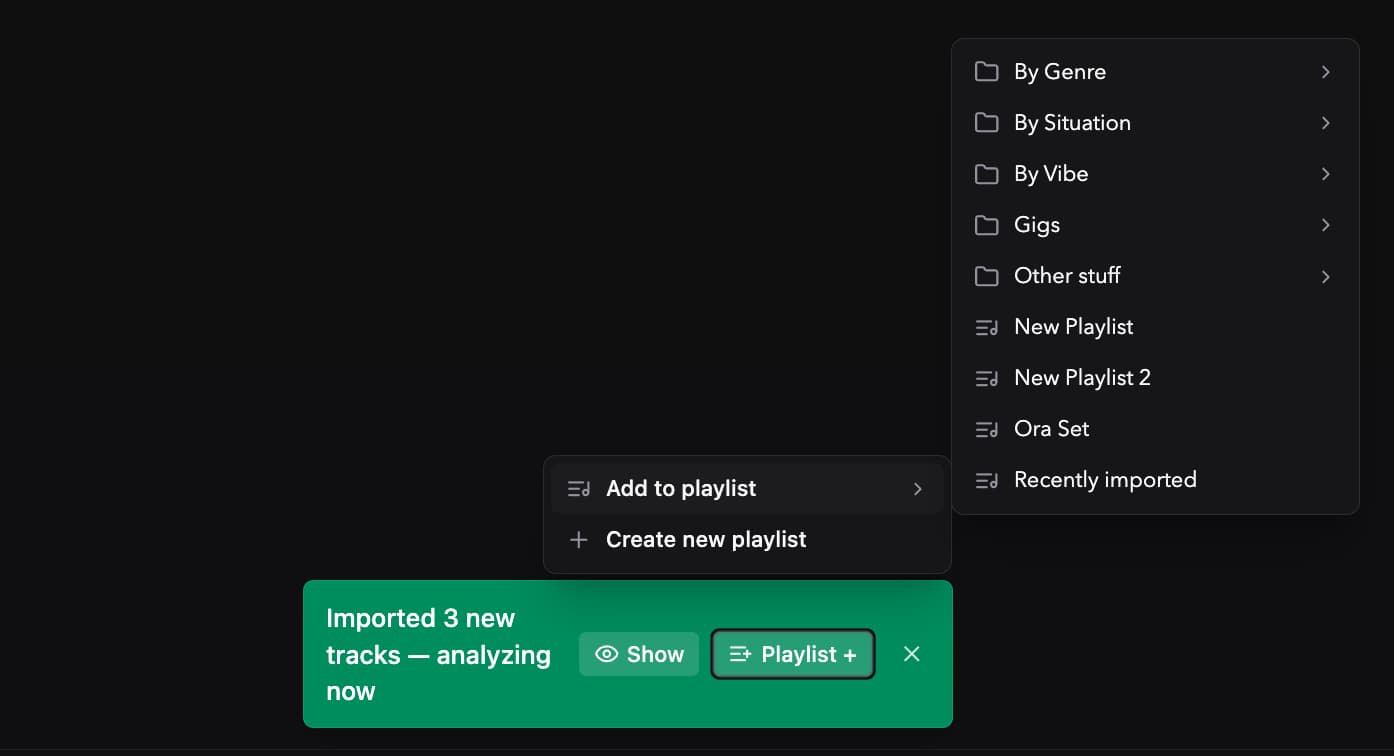 Auto-import notification with Playlist+ dropdown open, showing folders and playlists to add tracks to