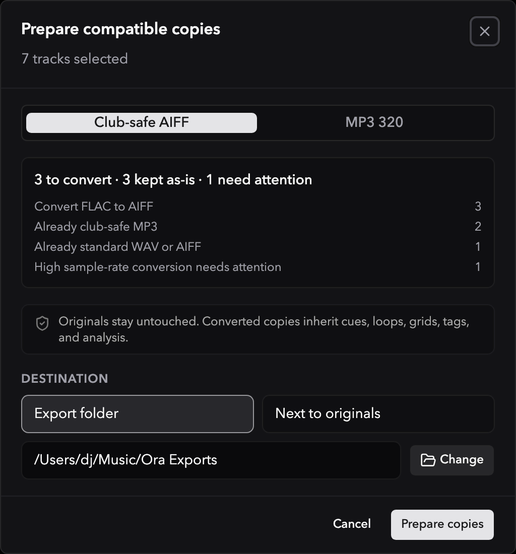 The Prepare compatible copies dialog, showing the club-safe AIFF plan: what will be converted, what is kept as-is, and what needs attention
