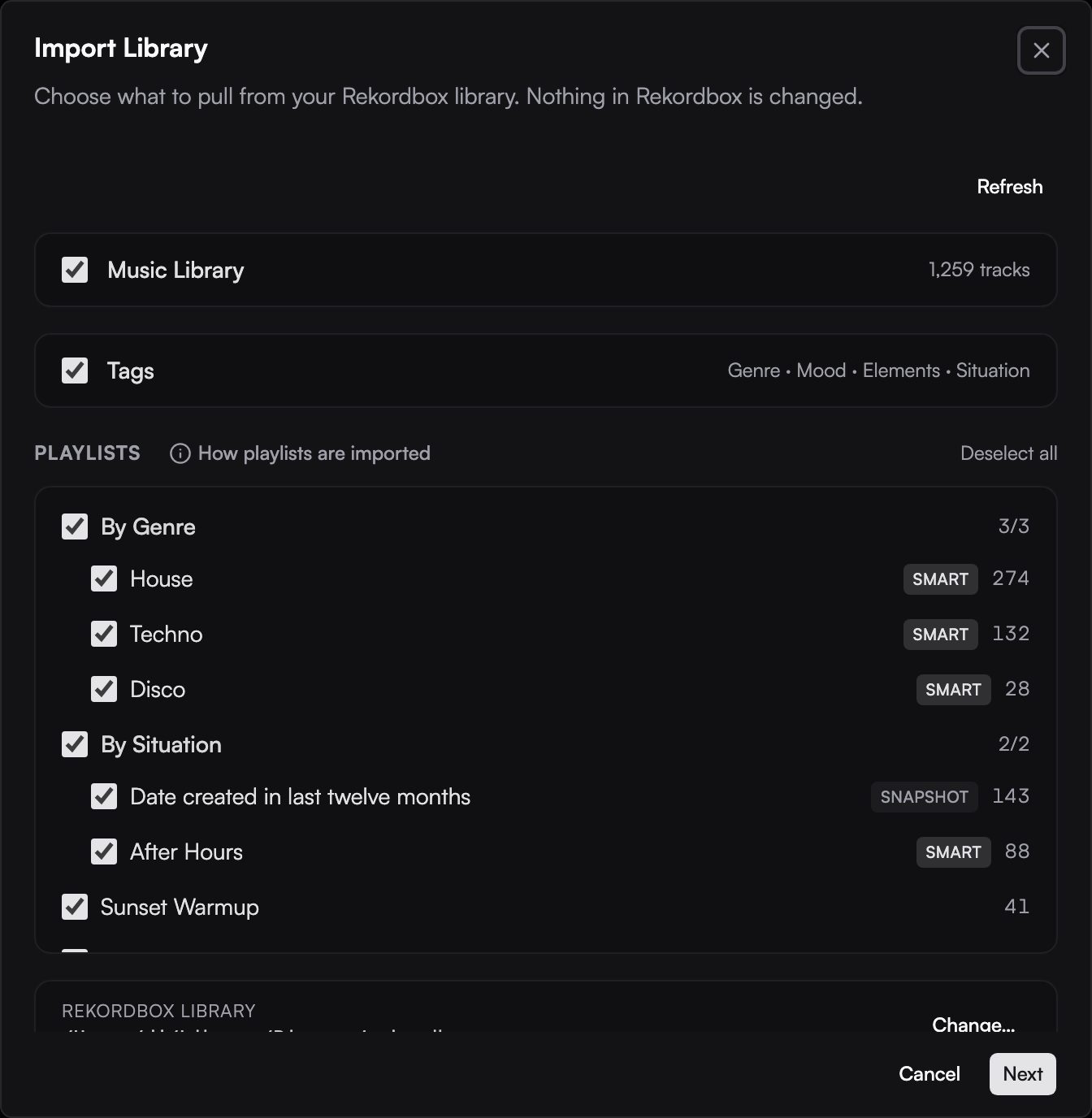 Ora DJ Rekordbox import scope step: a tree to pick the music library, nested playlist folders, and My-Tag groups