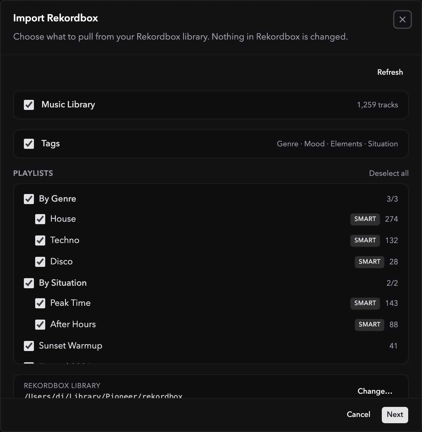 Ora DJ Rekordbox import scope step: a tree to pick the music library, nested playlist folders, and My-Tag groups