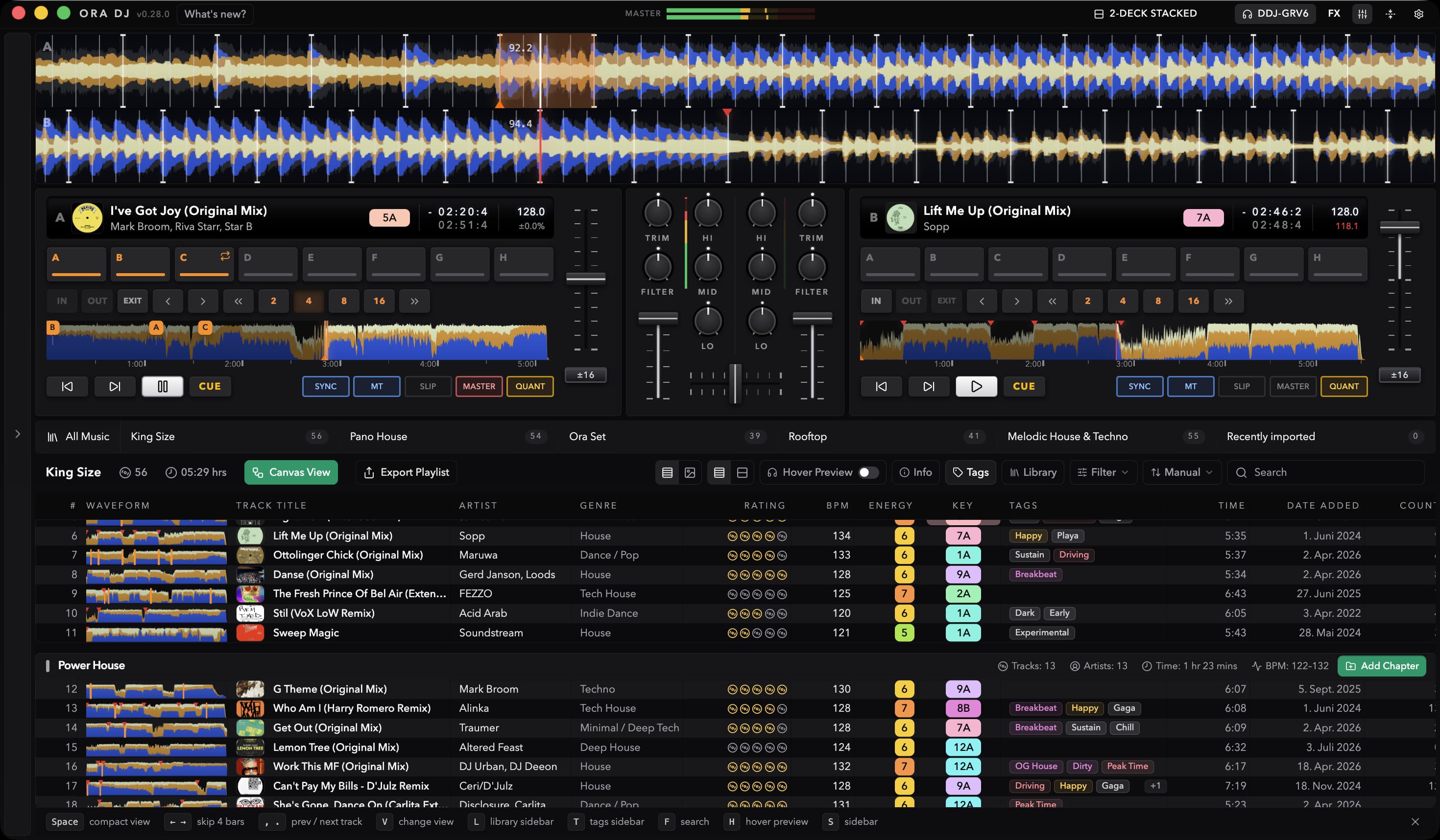 Ora DJ in the 2-Deck Stacked view, with the mixer between the two decks and the master level meter in the header
