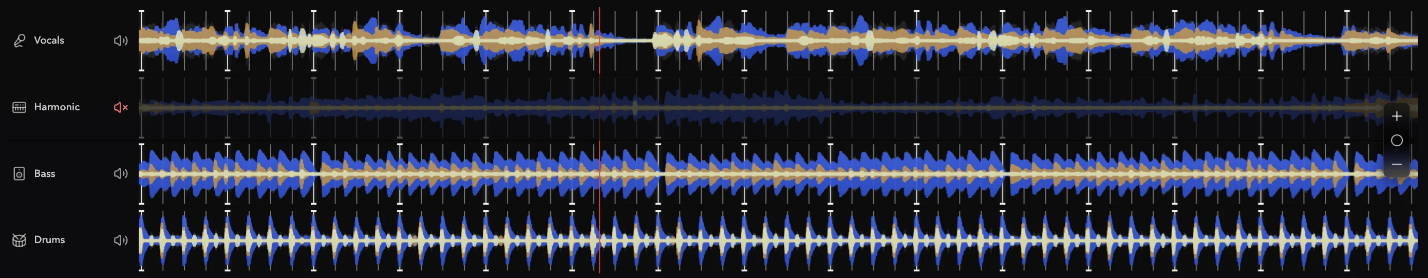 The four Stem Studio lanes, Vocals, Harmonic, Bass, and Drums, with the Harmonic lane muted