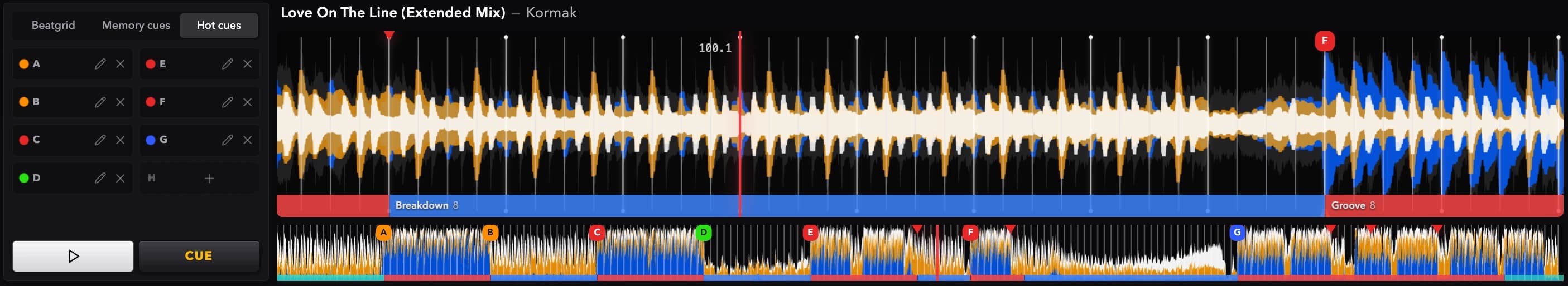 Ora DJ phrase sections shown as colored blocks under the Track Prep zoomed waveform and full-track overview