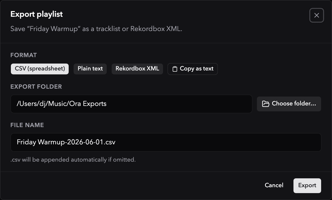 Ora DJ playlist export dialog with CSV, plain text, and Rekordbox XML format options
