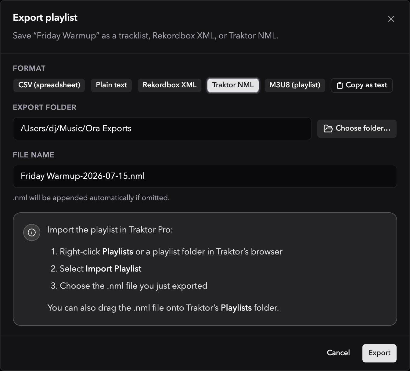The export dialog with Traktor NML selected, showing the steps for importing the file into Traktor Pro