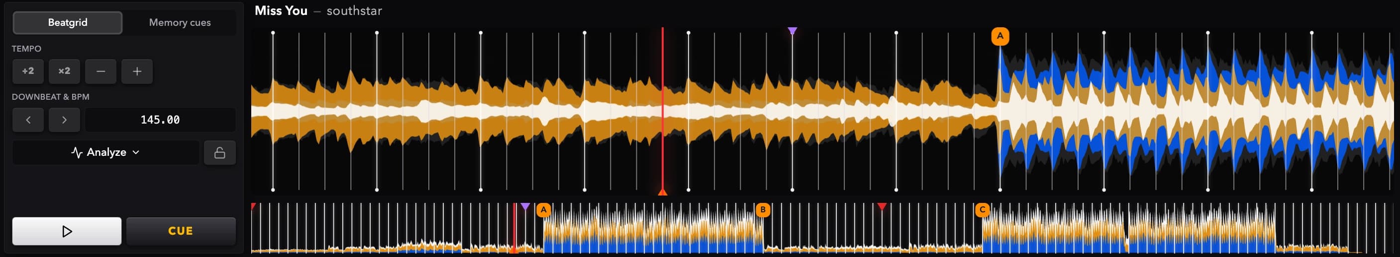 The Ora DJ Track Prep view: a tabbed control card with Beatgrid and Memory cues, beside a zoomed waveform with beat markers and a full-track overview