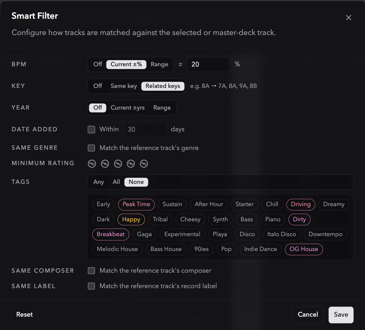 Ora DJ smart filter view