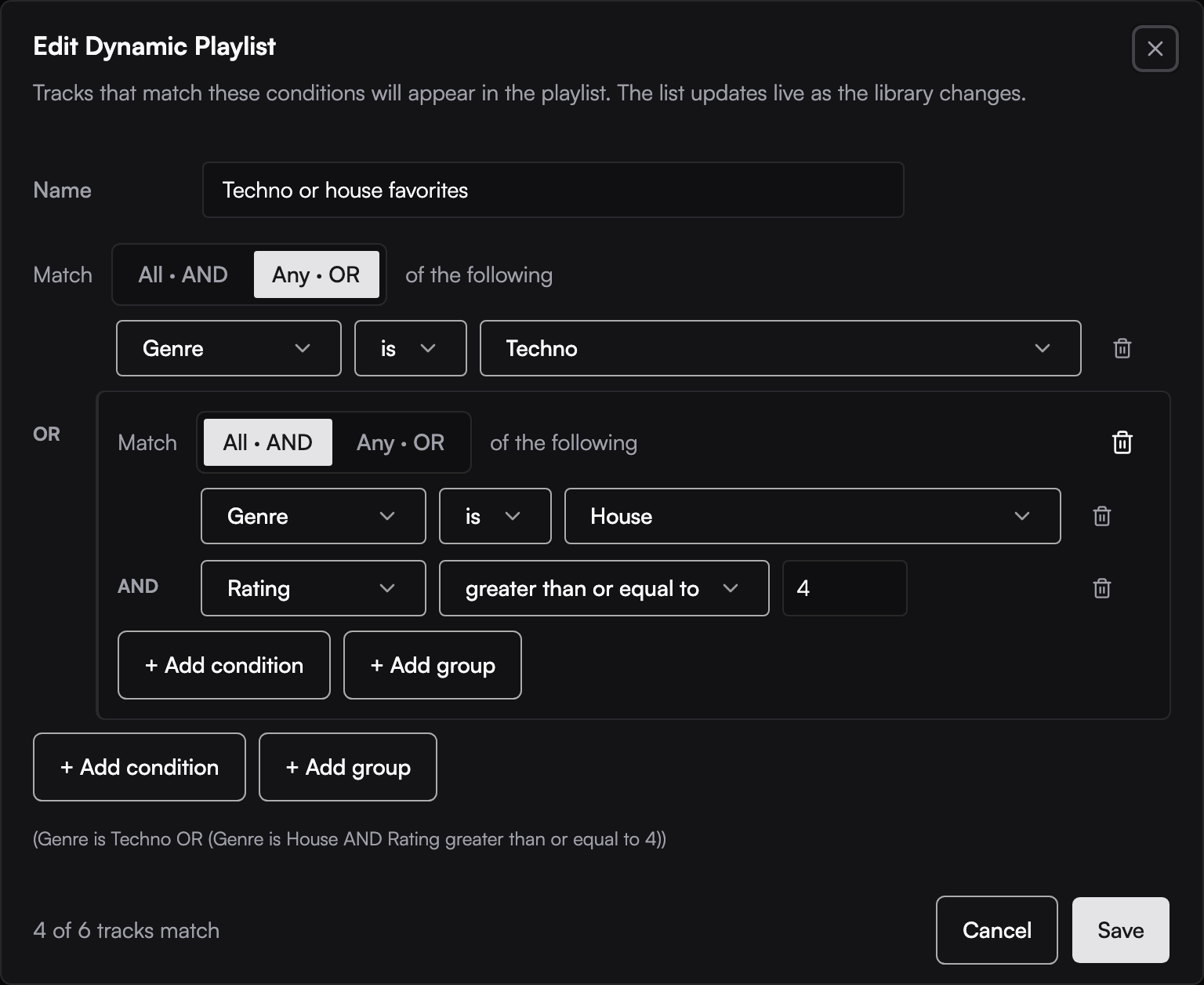 Ora DJ dynamic playlist editor: Genre is Techno OR a group where Genre is House AND Rating is at least 4