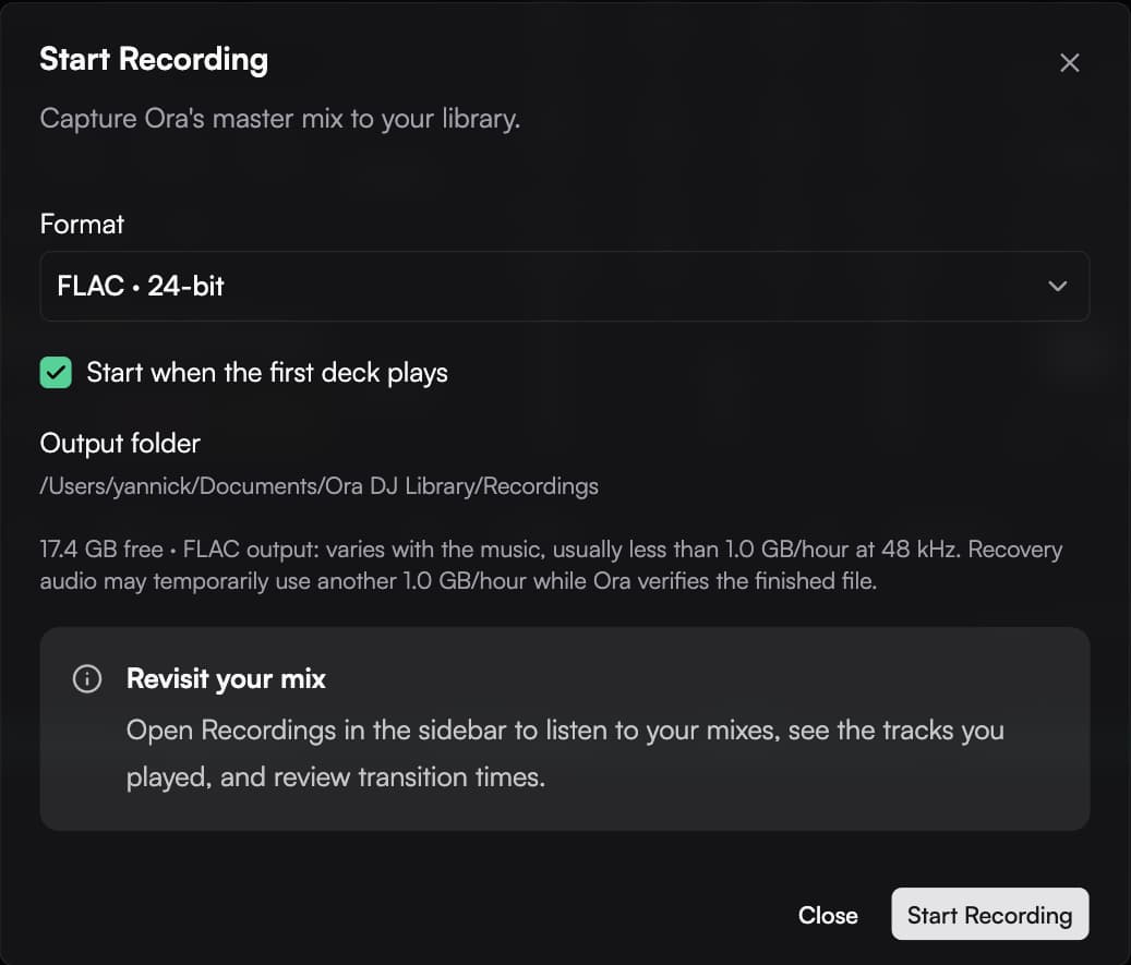 The Start Recording dialog in Ora DJ, with FLAC 24-bit selected and the option to start when the first deck plays switched on.