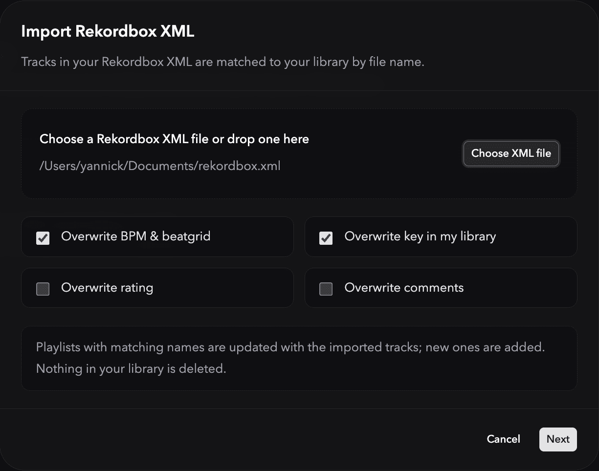 Ora DJ Rekordbox import view