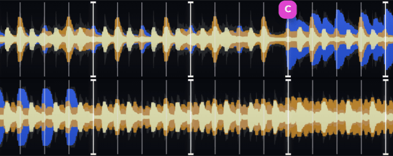 Ora DJ beatgrid waveforms with beat markers and a cue point