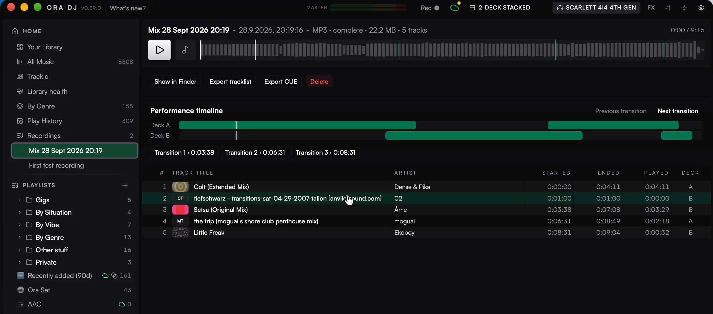 Reviewing a recorded mix transition by transition in Ora DJ